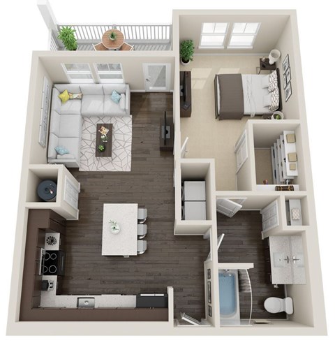 Floor plan for 1 bed, 1 bath, 892 sqft